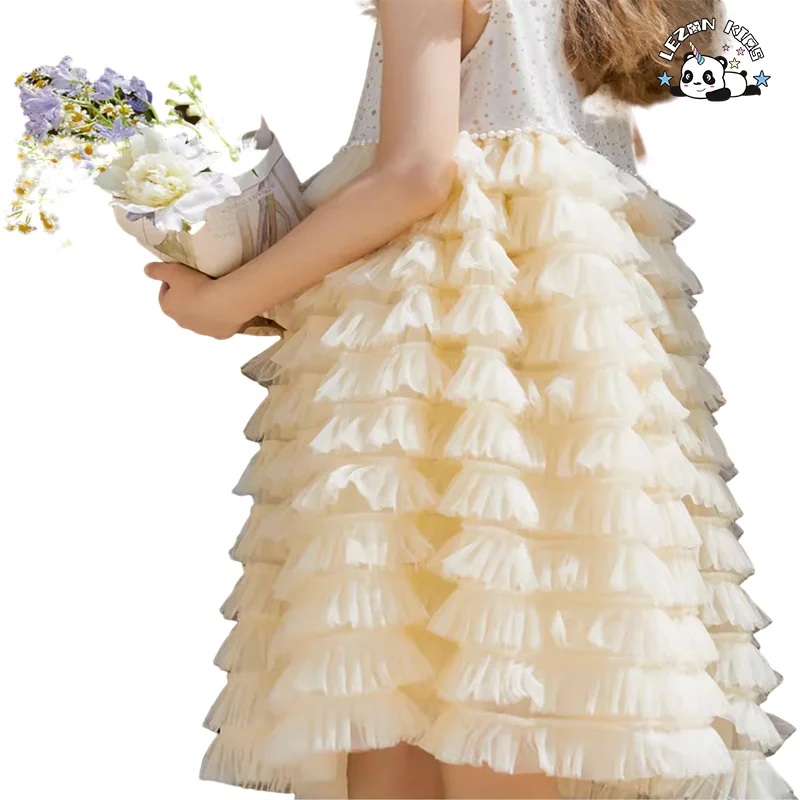 LEZONKIDS - Melhor Novo Produto de 2024 Vestido de Bolo Tutu com Manga de Renda Ruffle Últimos Desenhos de Vestidos para Crianças